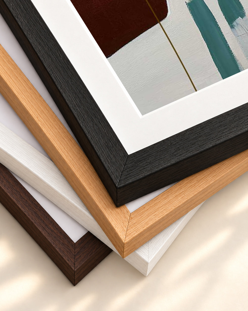 Abstract Ochre Shapes Art Print — framed print corner with 5 cm mount and bevel