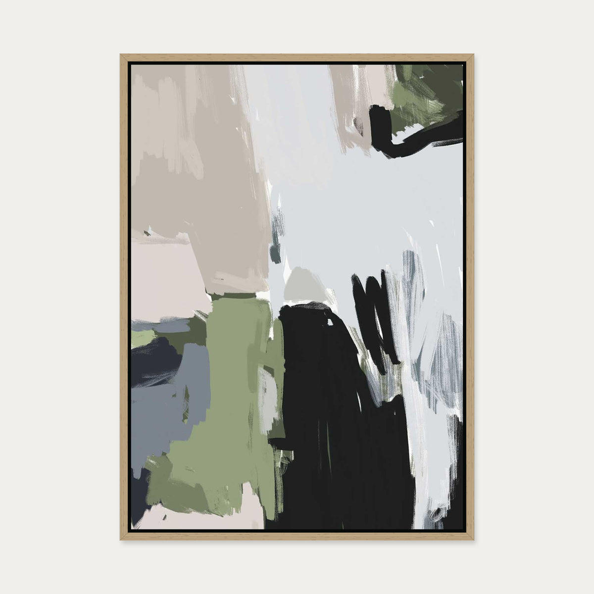 Abstract Green Pastel Canvas Art — 50 x 70 cm — Oak Frame
