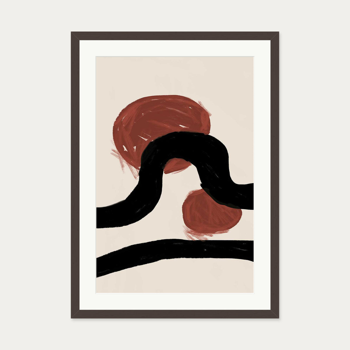 Abstract Red Moons Art Print — 50 x 70 cm — Brown Frame