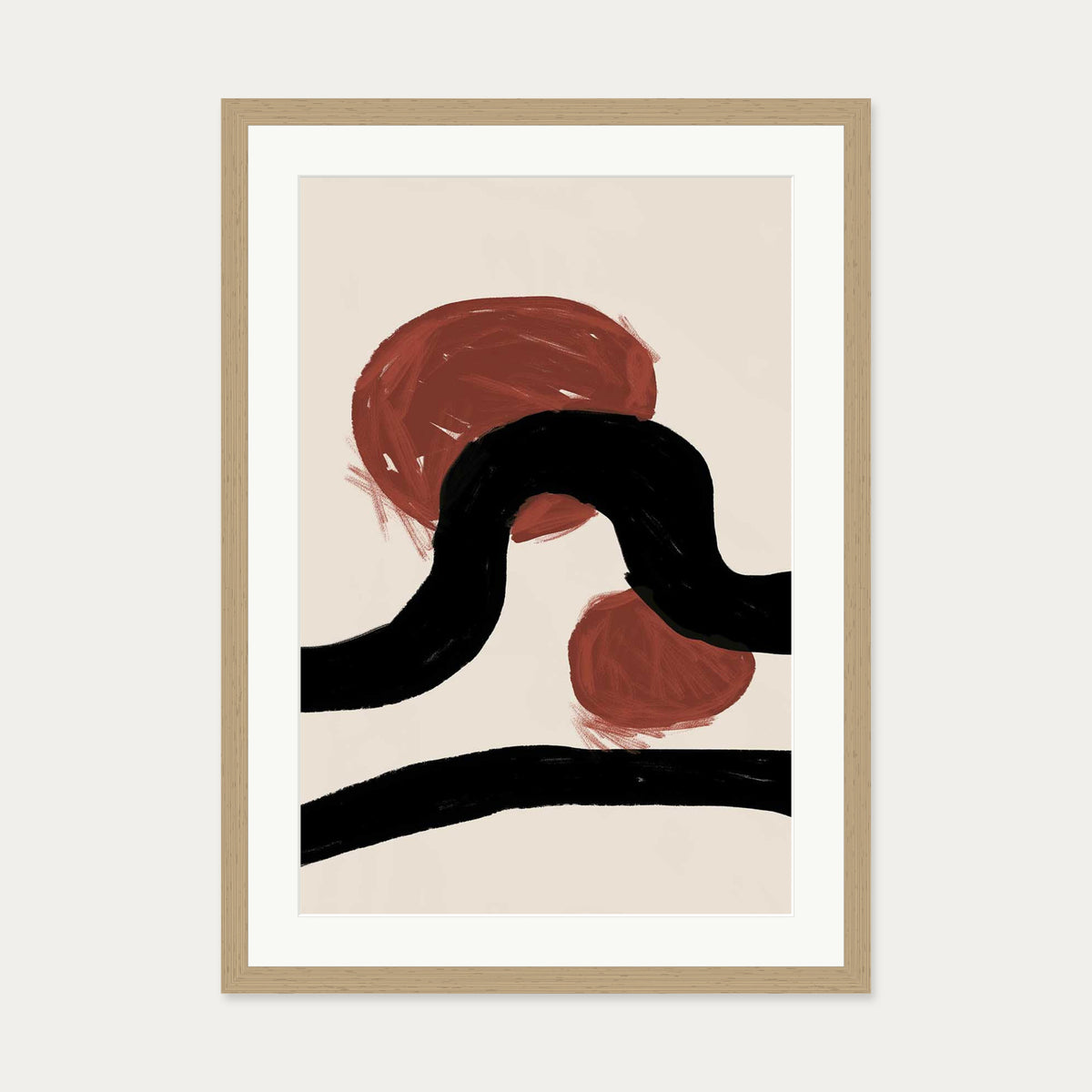 Abstract Red Moons Art Print — 50 x 70 cm — Oak Frame
