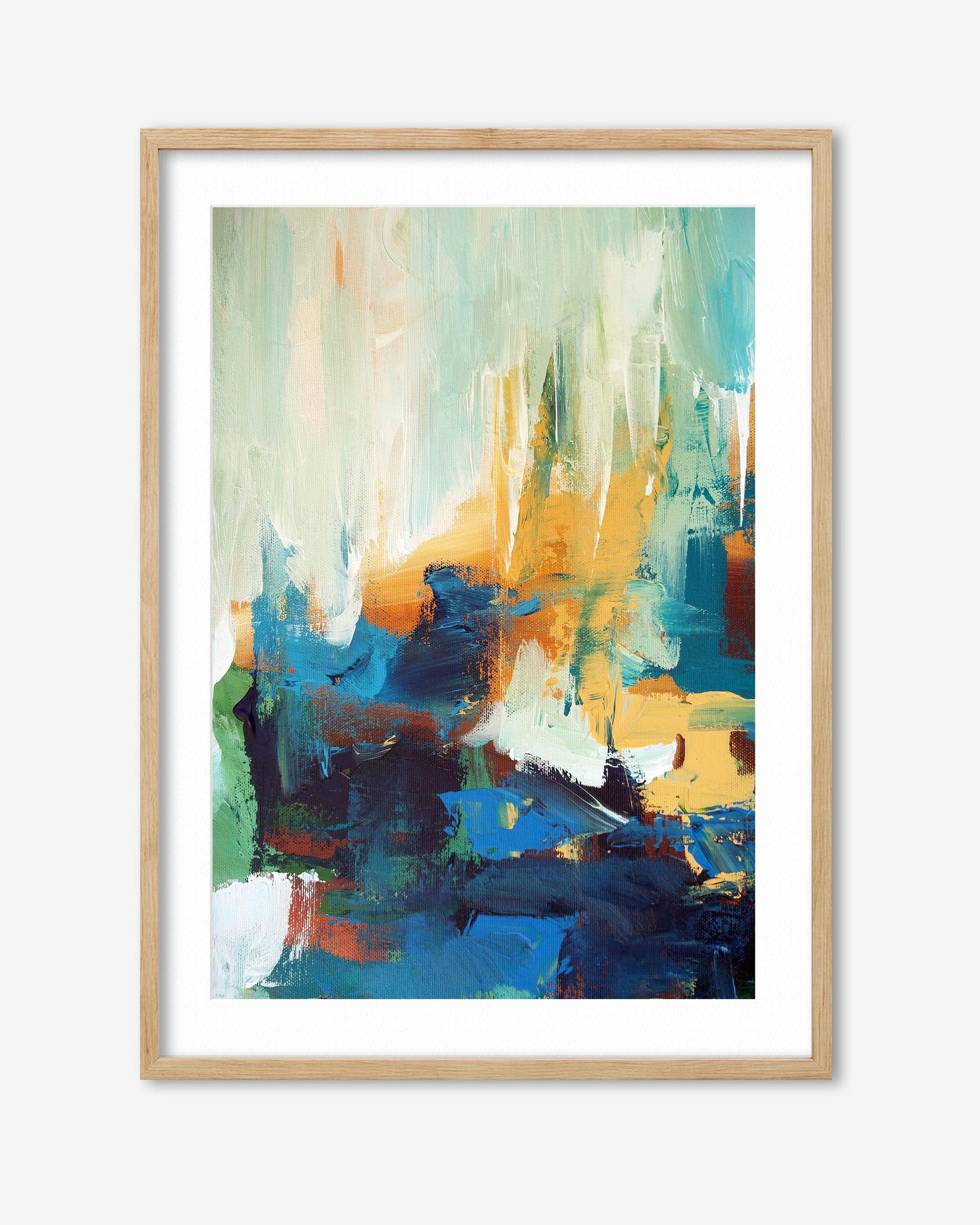 Abstract art print in a wooden frame on a white wall