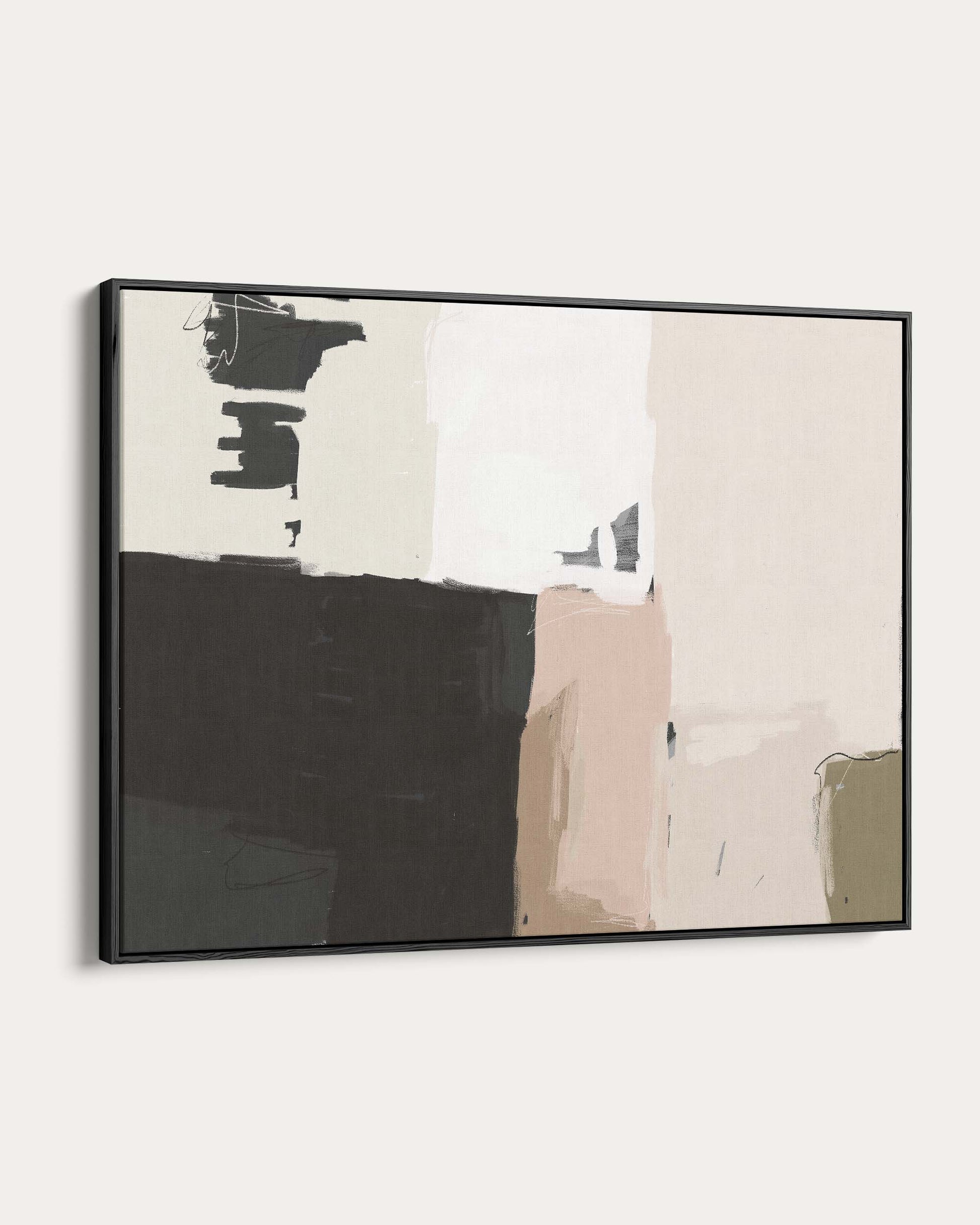 Abstract art piece with black, white, and beige colors in a black frame on a white background