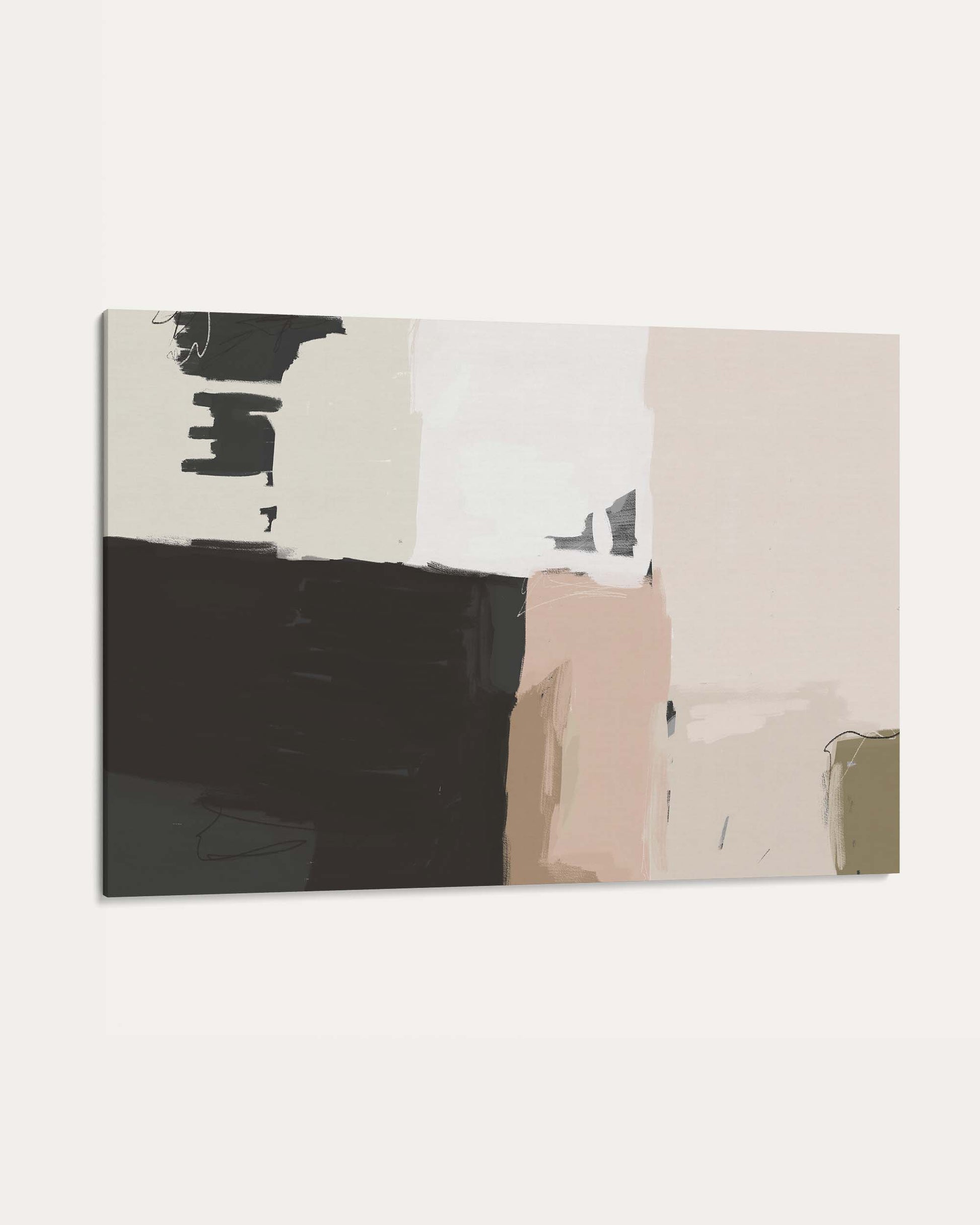 Abstract art piece with black, white, beige, and brown colors on a white background