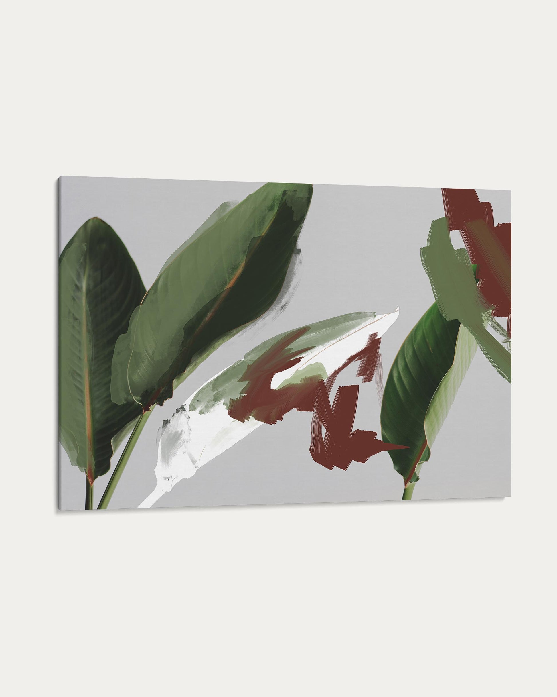 Canvas print with green leaves and red abstract shapes on a gray background