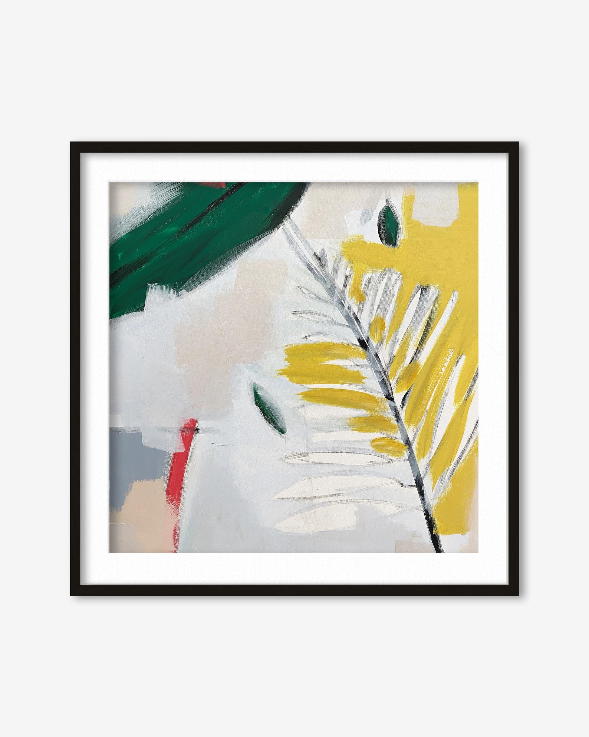 Framed abstract art print with colorful leaves on a white background