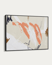 Abstract art piece with orange, black, and white on a beige background