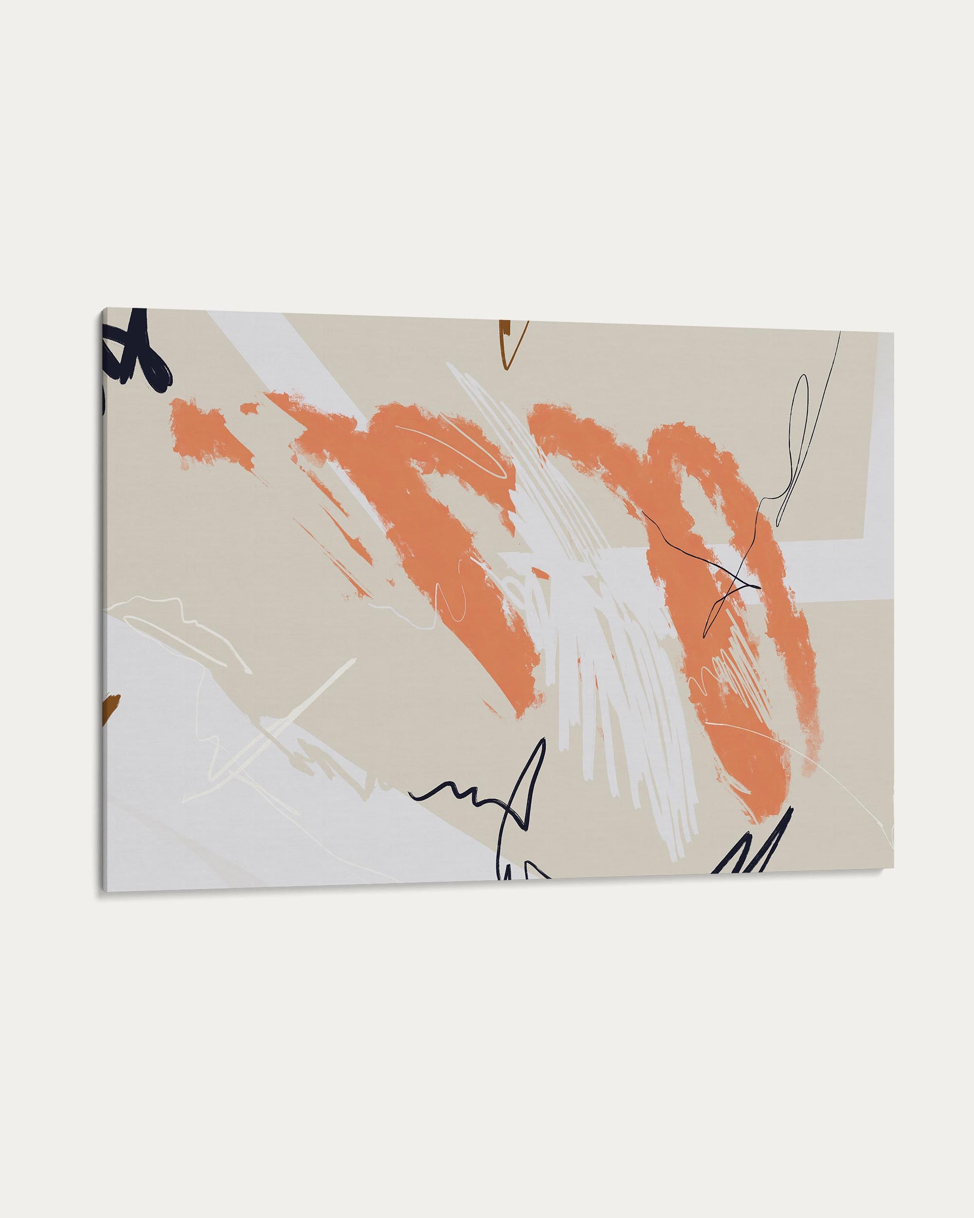 Abstract art piece with orange, white, and black brush strokes on a beige background