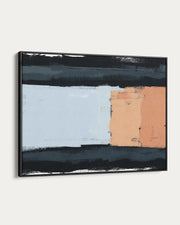 Abstract art piece with black, blue, and peach colors on a white background