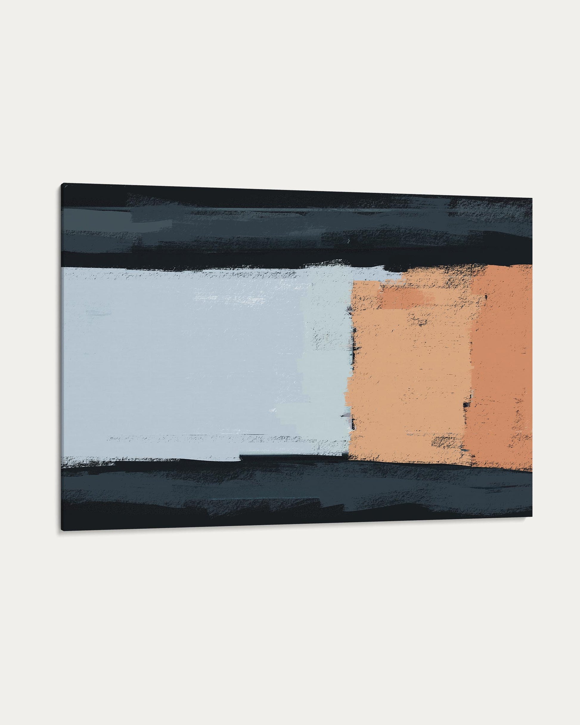Abstract art print with black, blue, and orange brush strokes on a white background