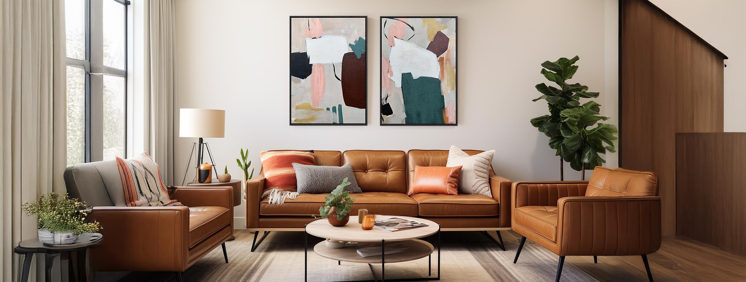 Extra large abstract canvas artwork set in living room above sofa