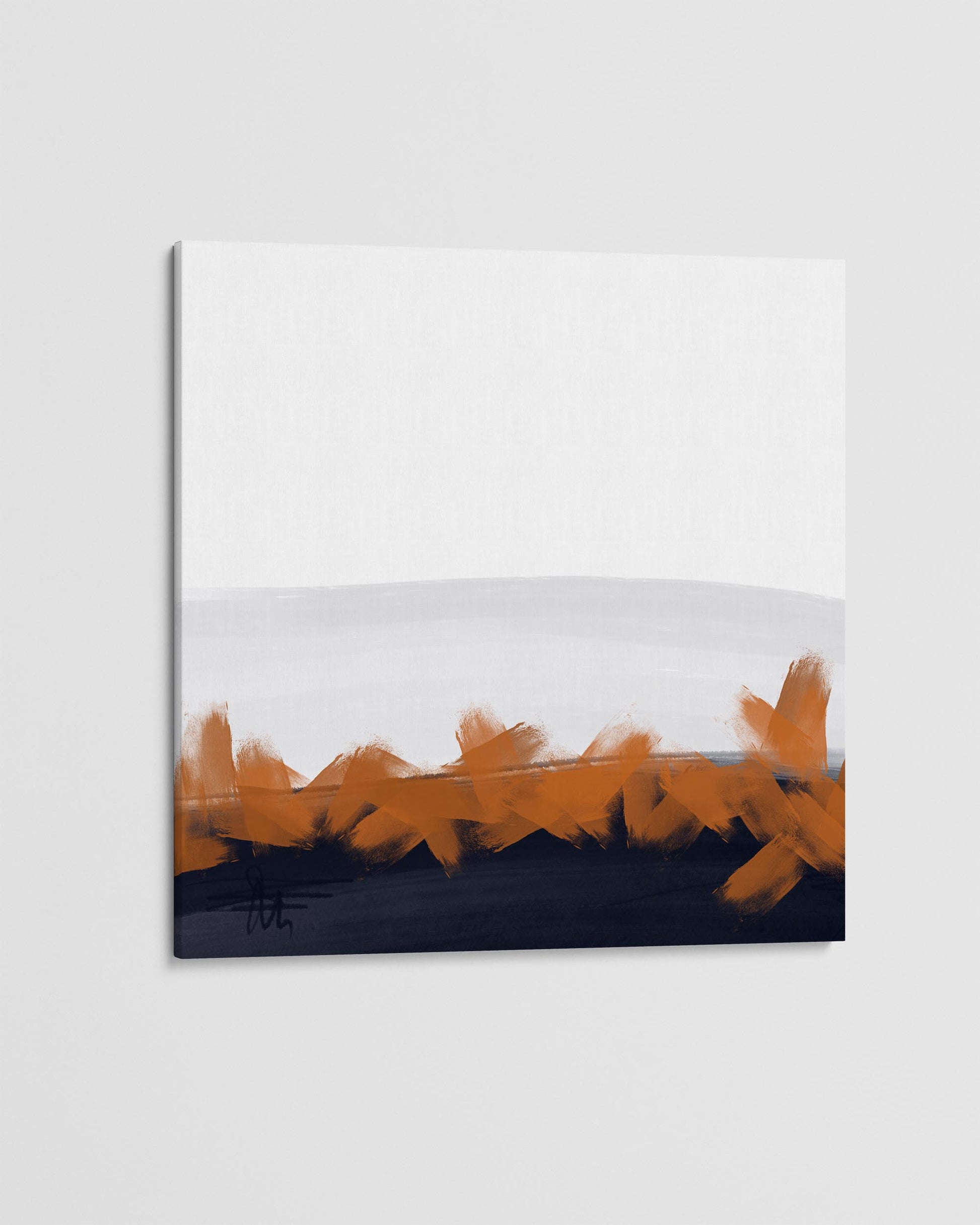 Abstract art piece with orange and black brush strokes on a white background