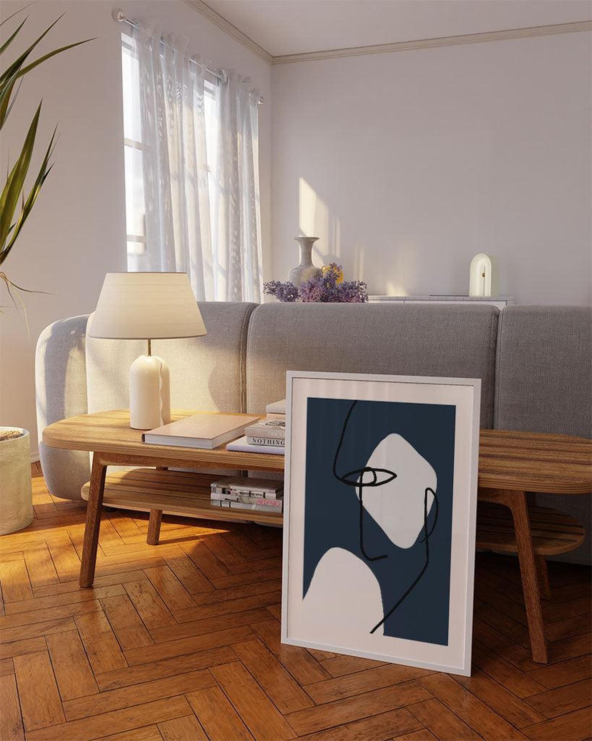 Modern living room with a abstract art piece on a wooden table.