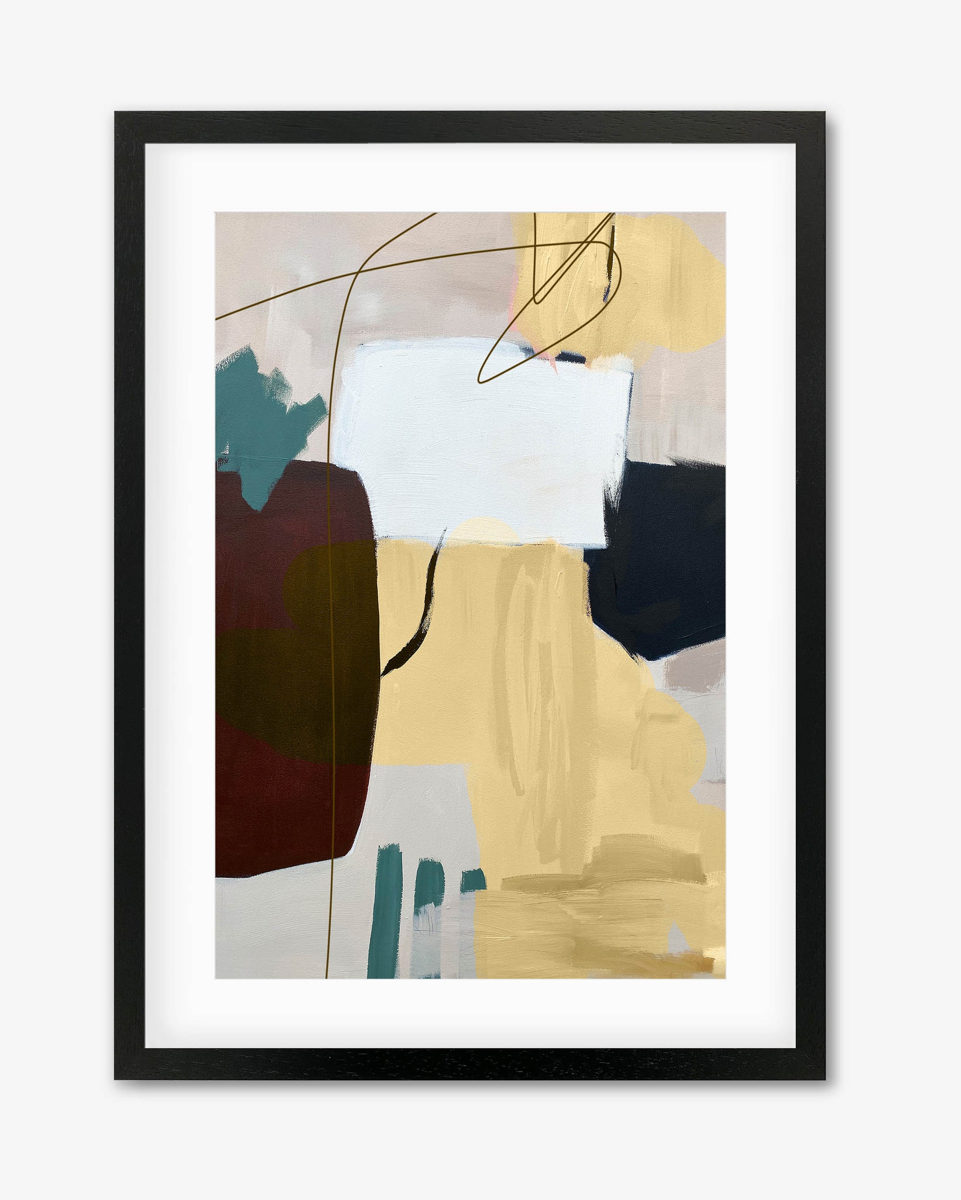 A framed abstract art print featuring geometric ochre shapes on a canvas with a variety of other colors, displayed in a landscape orientation.