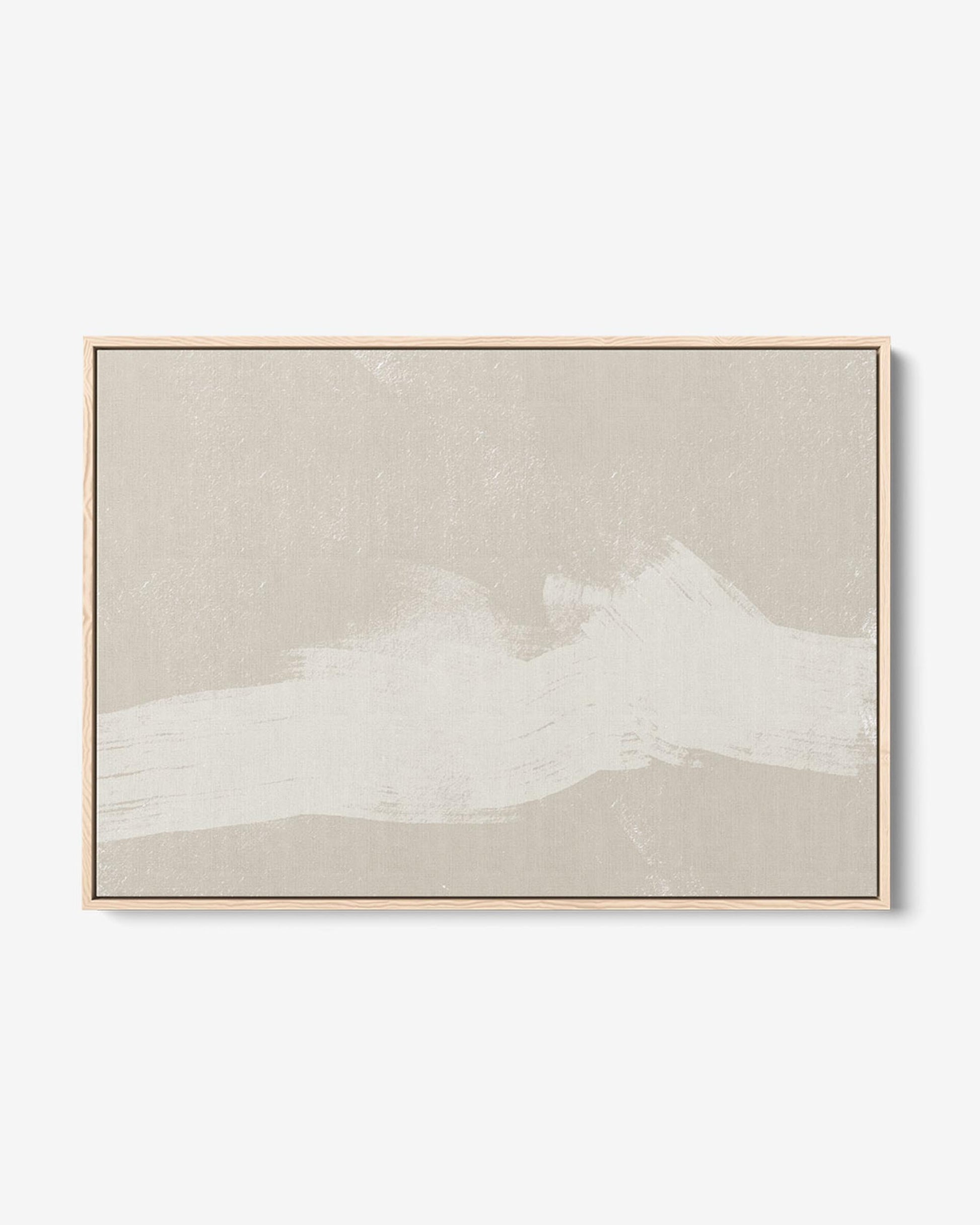 A framed canvas abstract art piece depicting neutral Sands, displayed on a wall above a pair of chairs in a well-decorated interior room.
