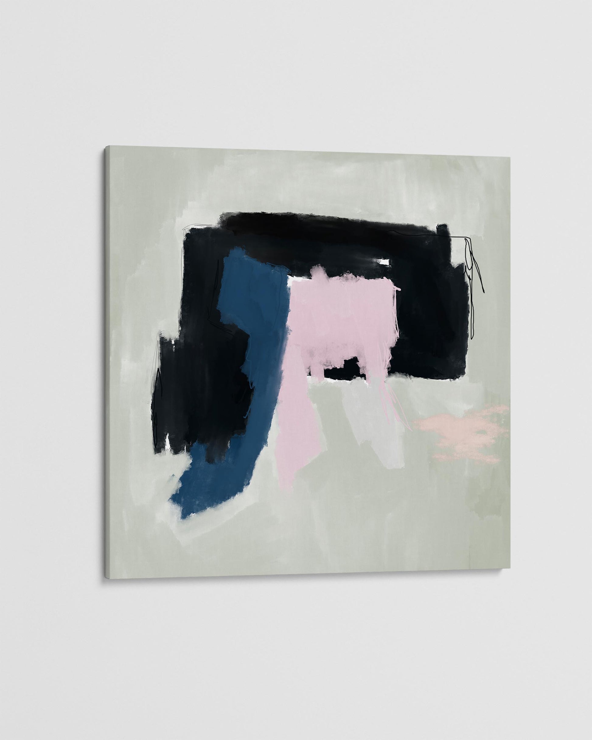Abstract painting with black, blue, and pink on a light gray background