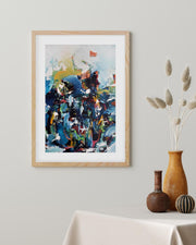 Framed abstract painting on a wall with decorative vases below