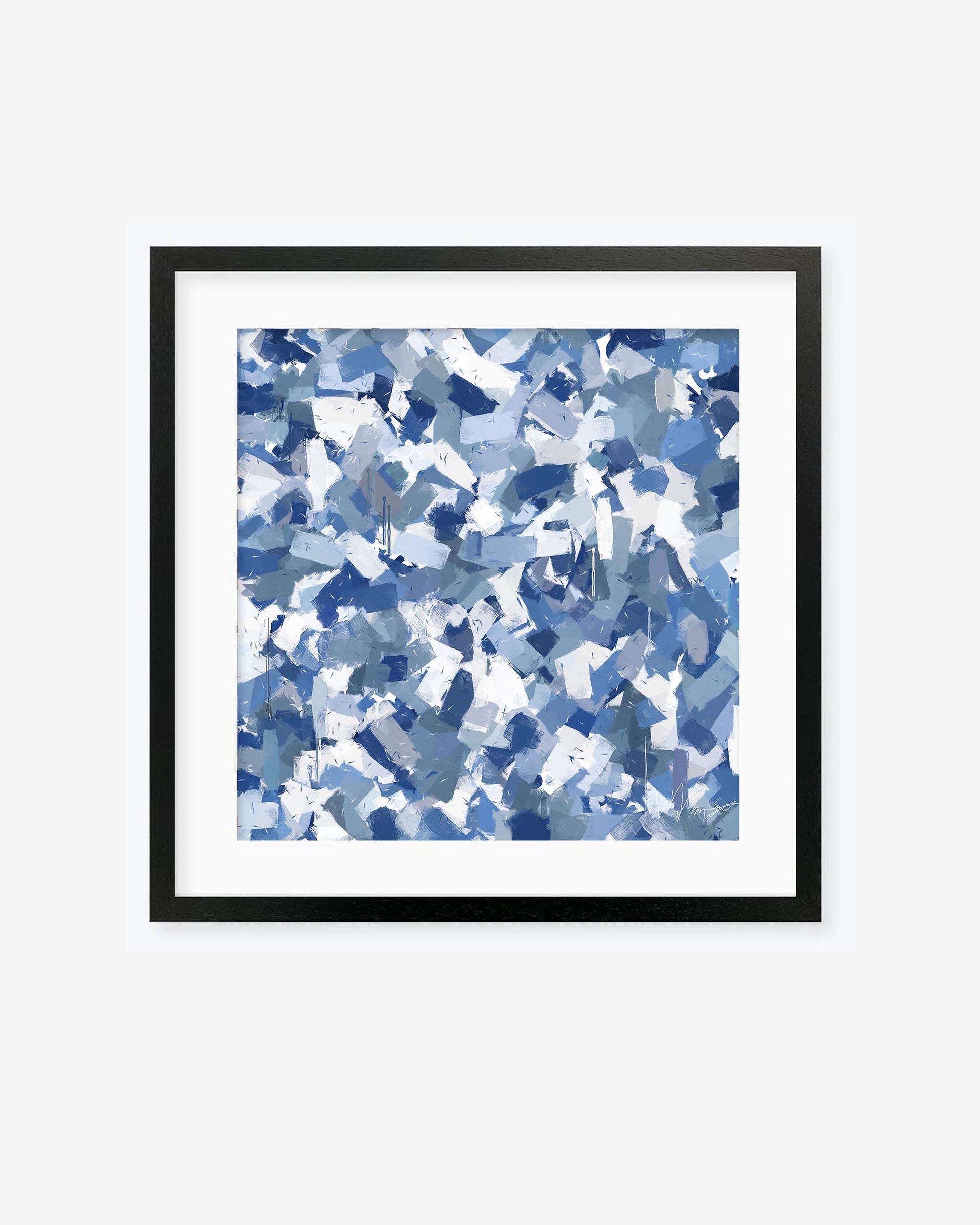 A framed abstract blue wall art with a textured pattern, encased in a black frame, with a white mount.