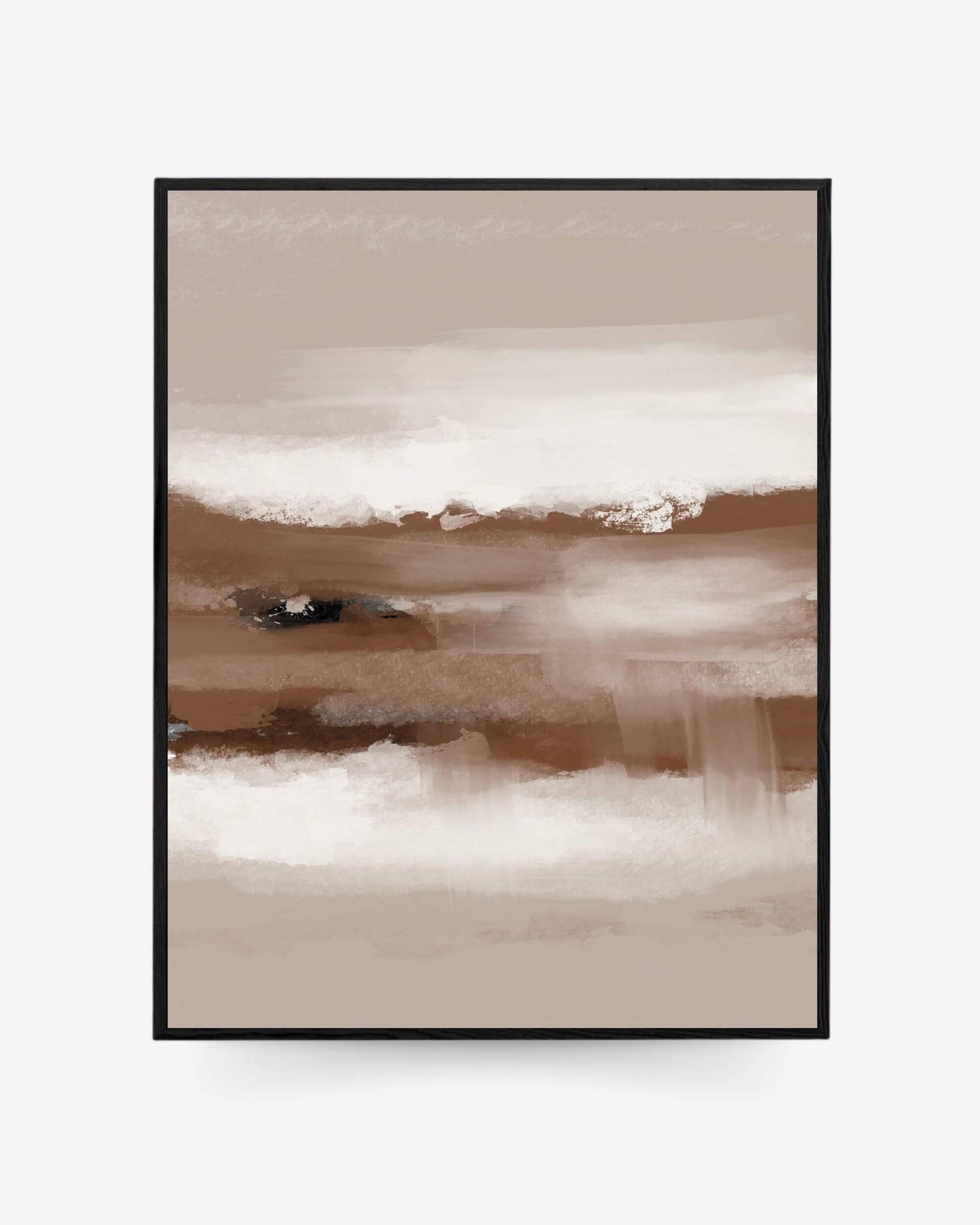 A framed canvas abstract artwork featuring shades of brown and white, with a serene dusk-like atmosphere.