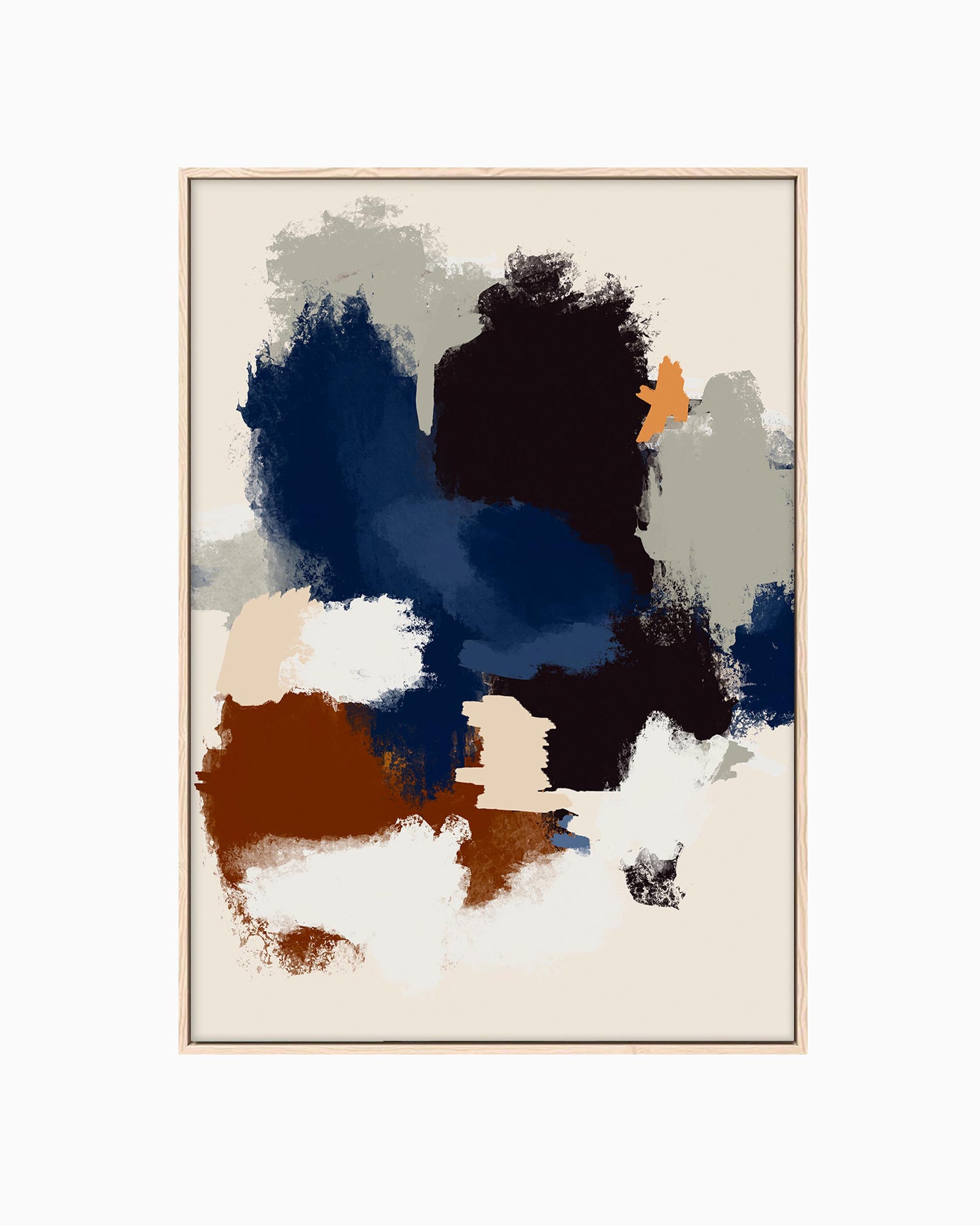 A framed canvas featuring abstract overlapping colors in deep navy, black, and red on a neutral beige background.