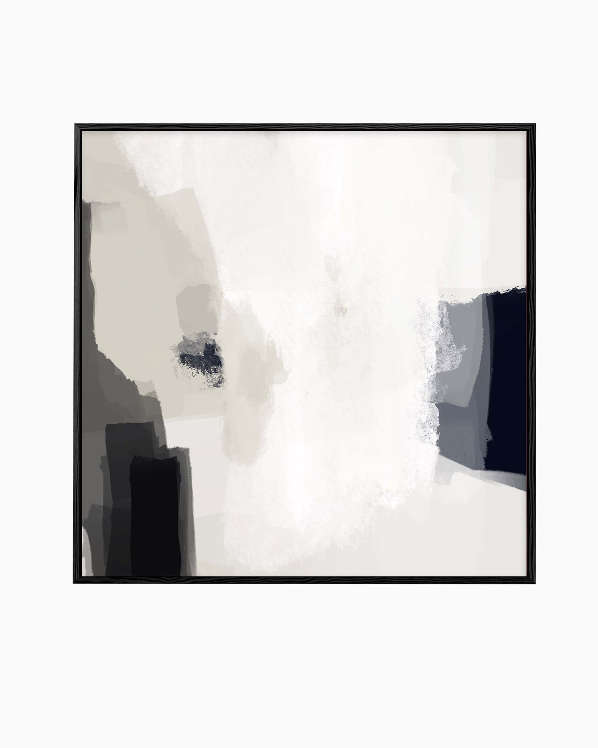 A framed canvas featuring an abstract expressionist design in black, white, and gray tones.