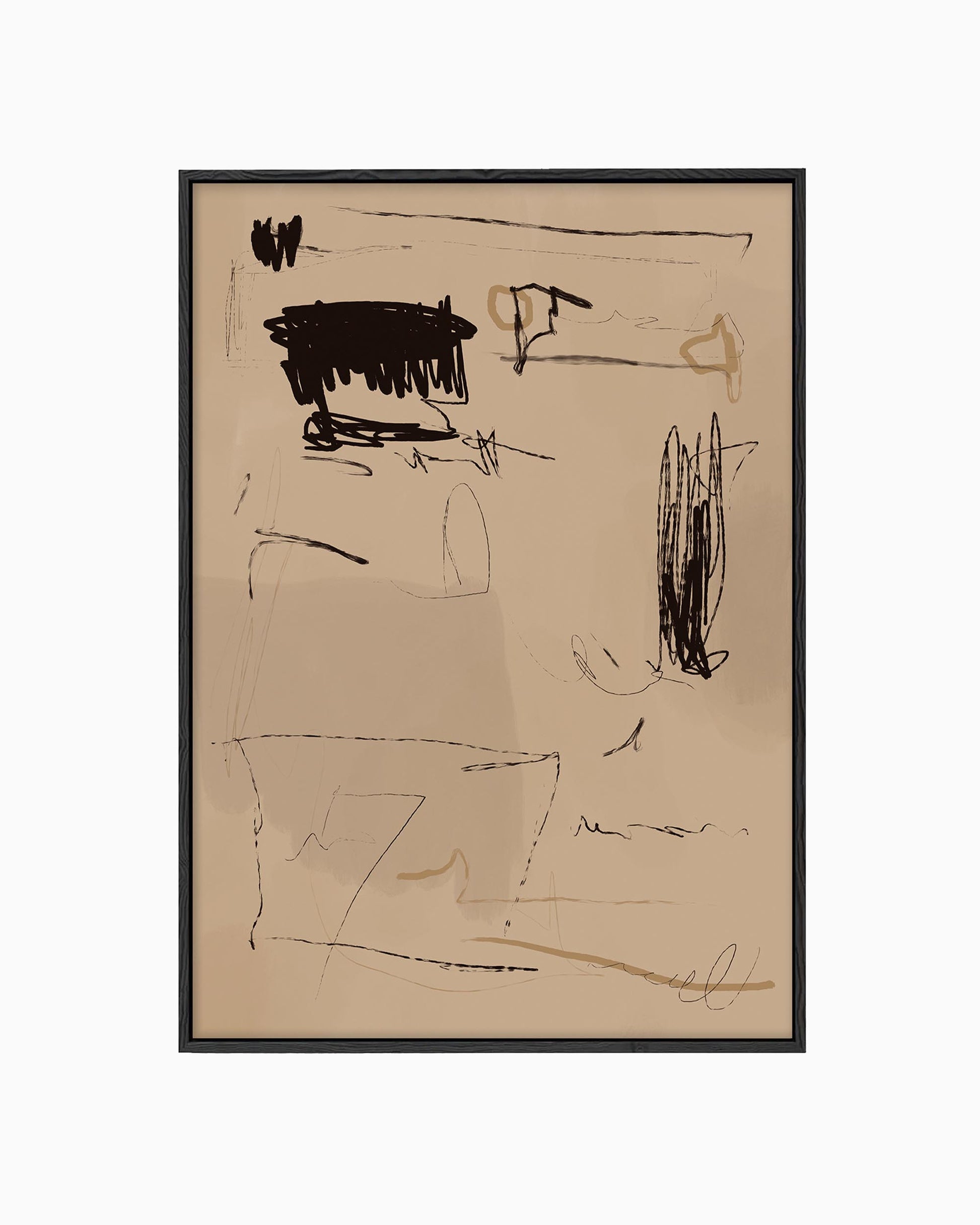 A framed canvas featuring abstract artwork in black and taupe tones, with geometric and line-based forms.