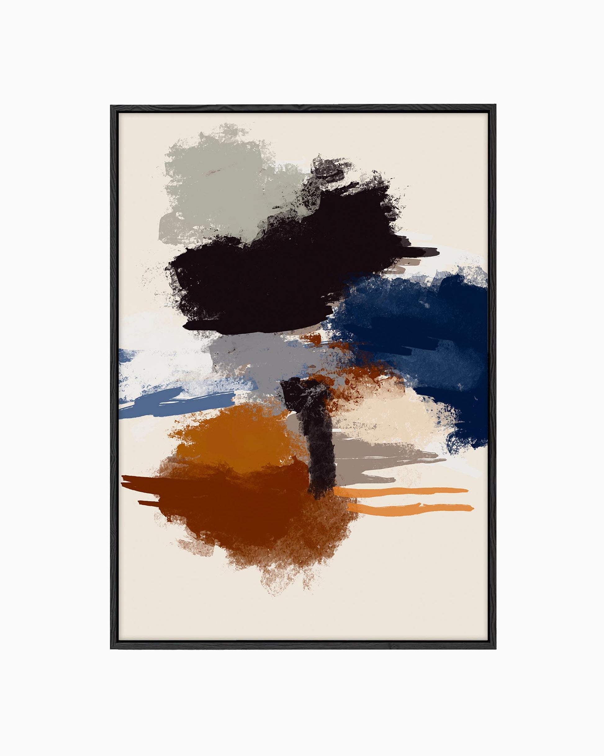 A framed canvas featuring an abstract painting with shades of orange, navy, and black on a beige background.
