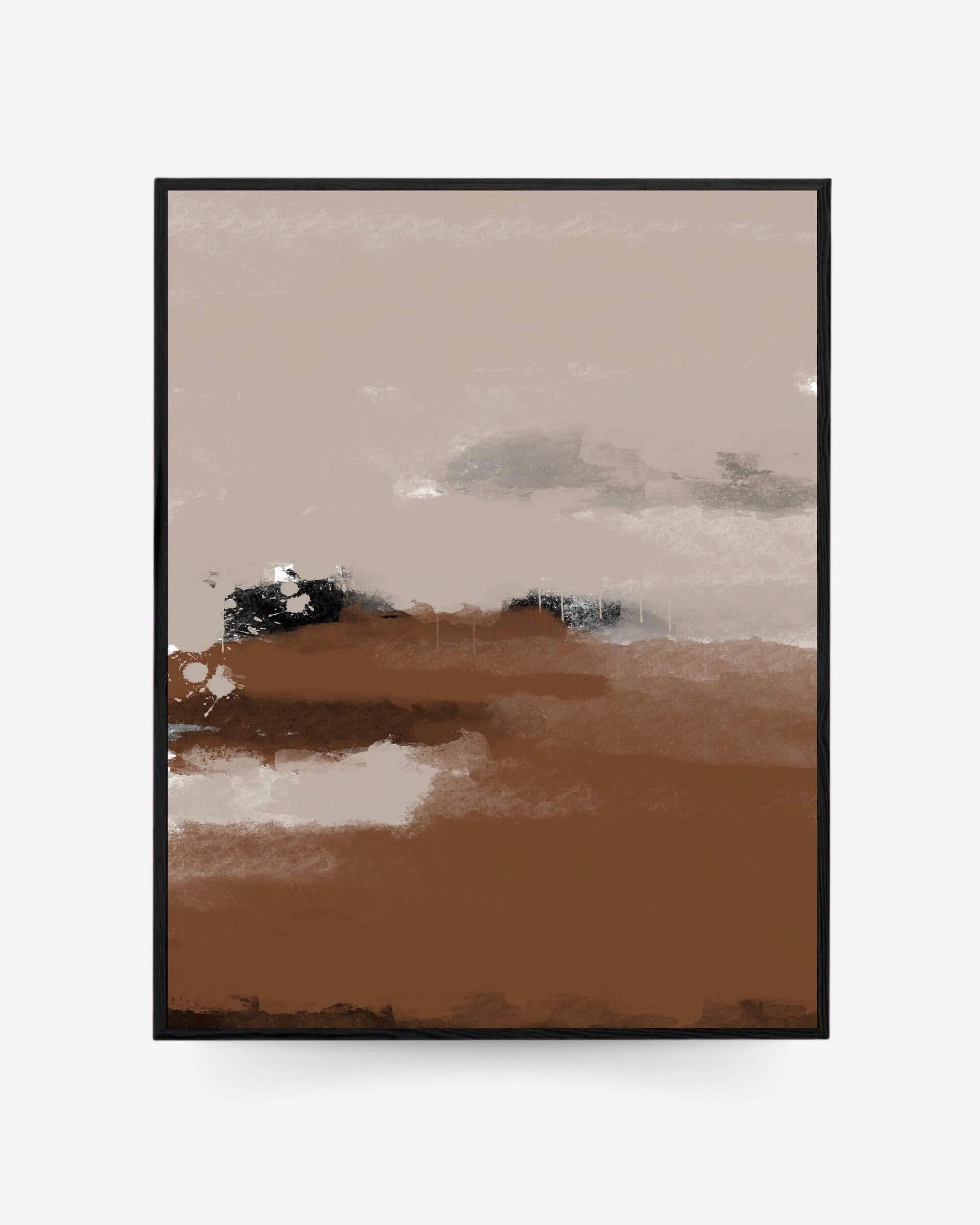 A framed canvas featuring an abstract brown artwork, depicting a peaceful dusk landscape.