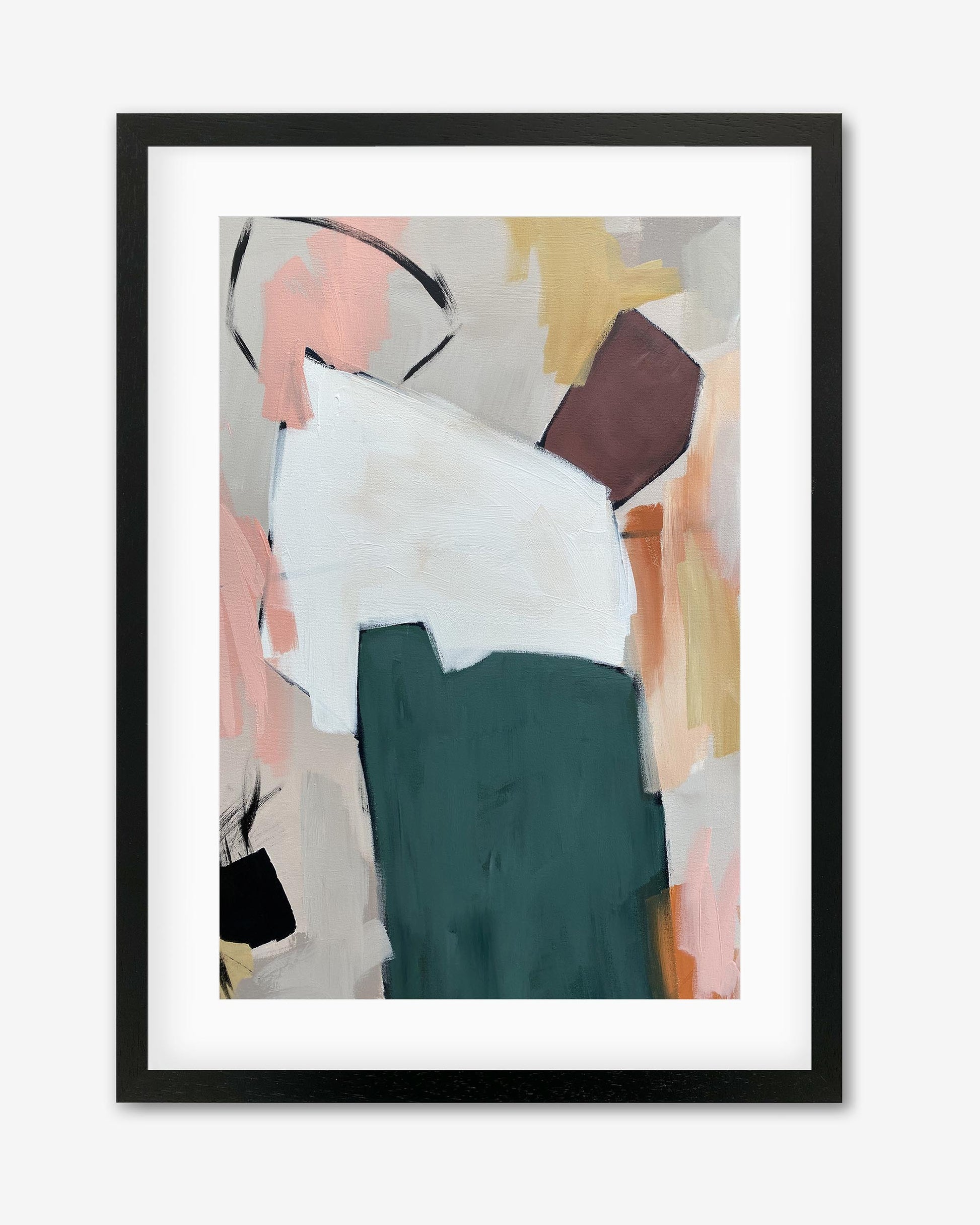 A framed contemporary abstract print featuring geometric shapes in pink, green, white, and other colors, with a black frame.