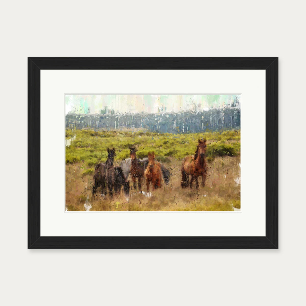 Impressionist Horses In A Field Art Print — 30 x 40 cm — Black Frame