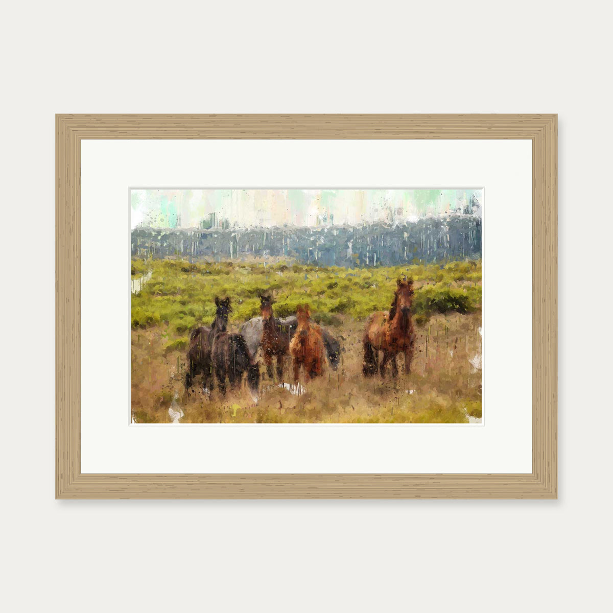 Impressionist Horses In A Field Art Print — 30 x 40 cm — Oak Frame