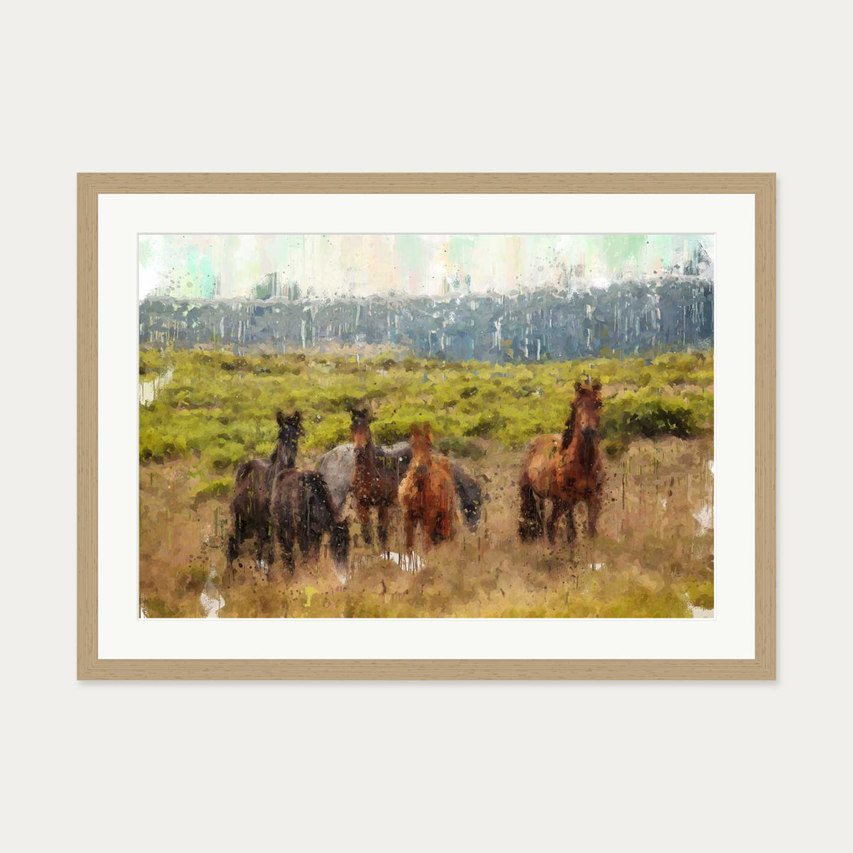 Impressionist Horses In A Field Art Print — 50 x 70 cm — Oak Frame