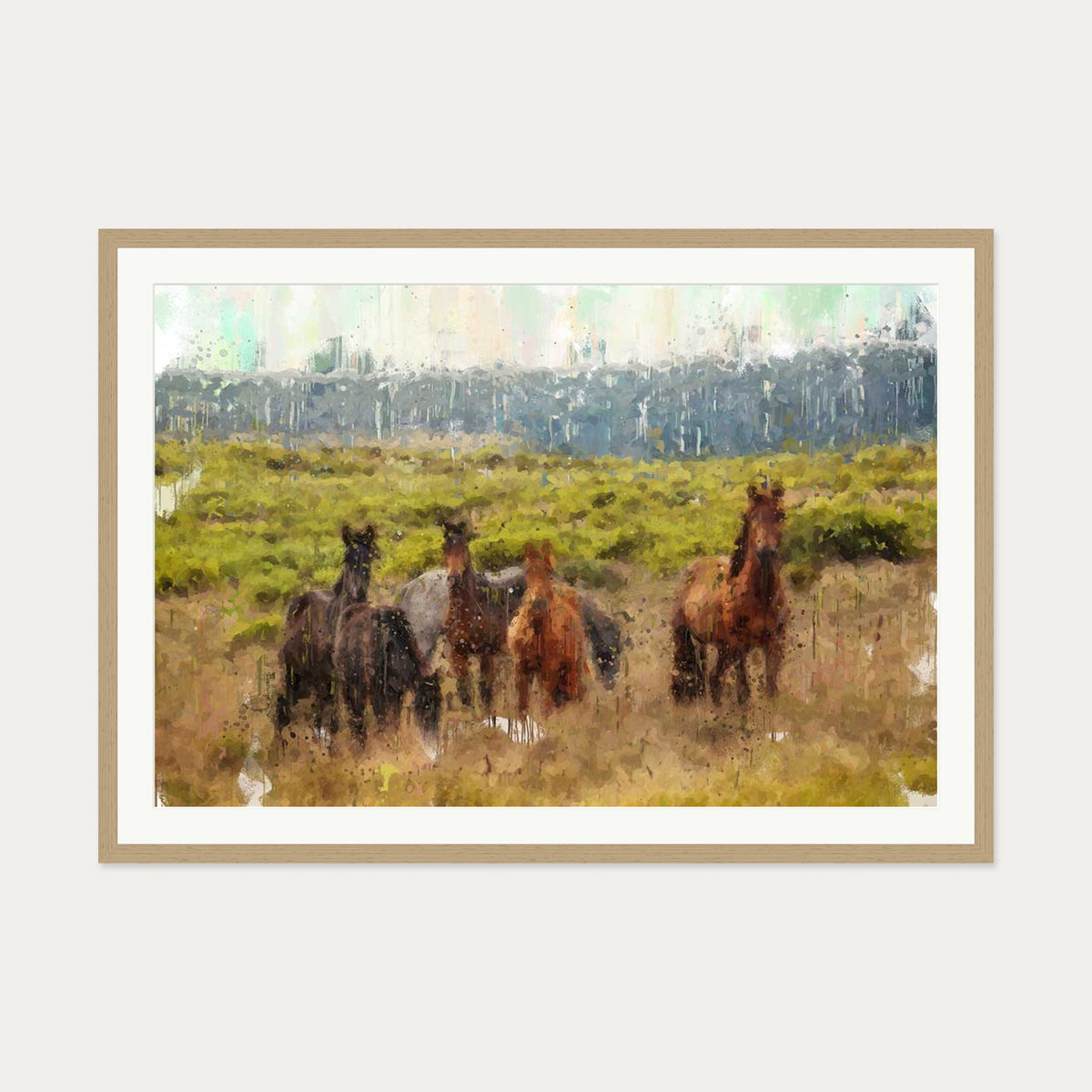 Impressionist Horses In A Field Art Print — 70 x 100 cm — Oak Frame