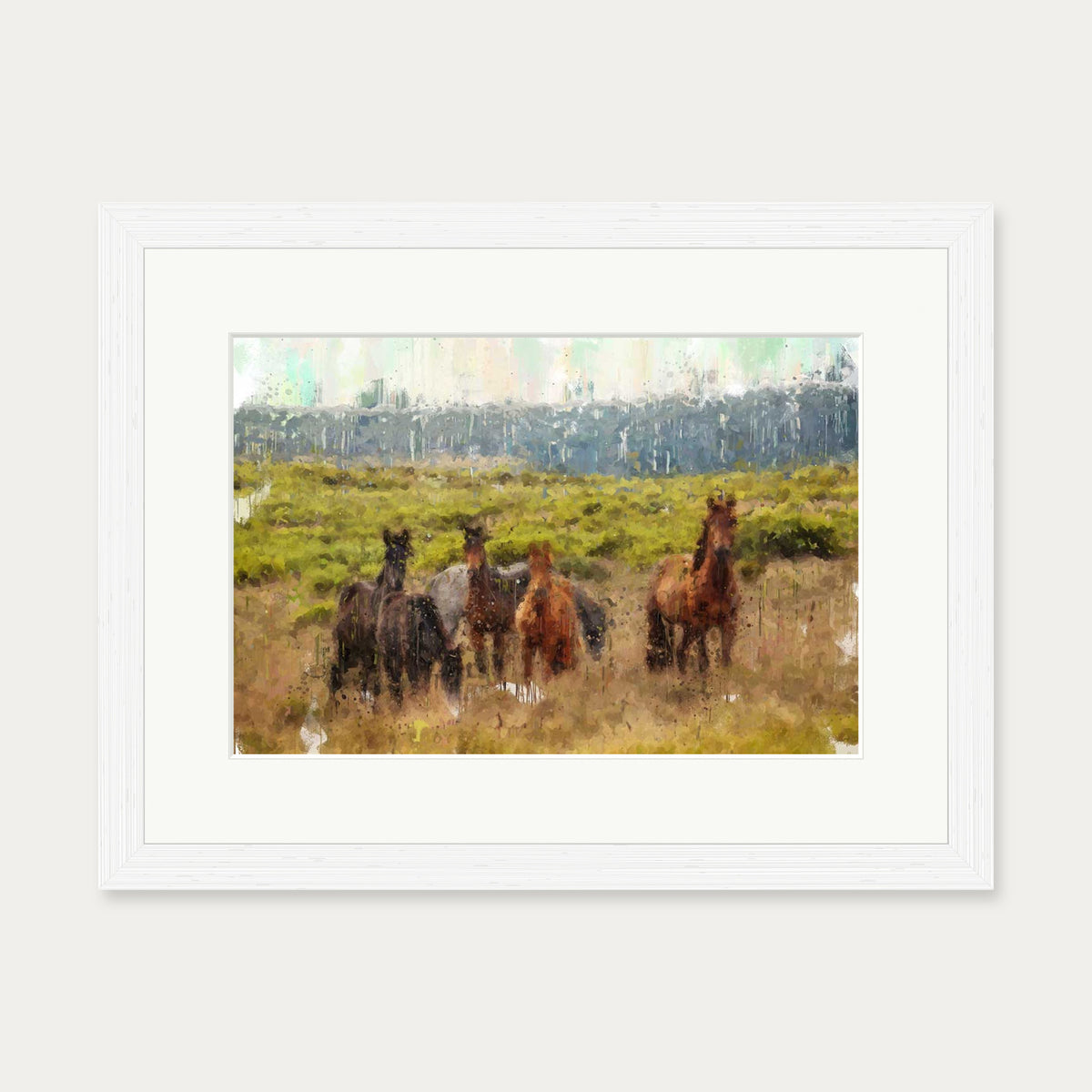 Impressionist Horses In A Field Art Print — 30 x 40 cm — White Frame