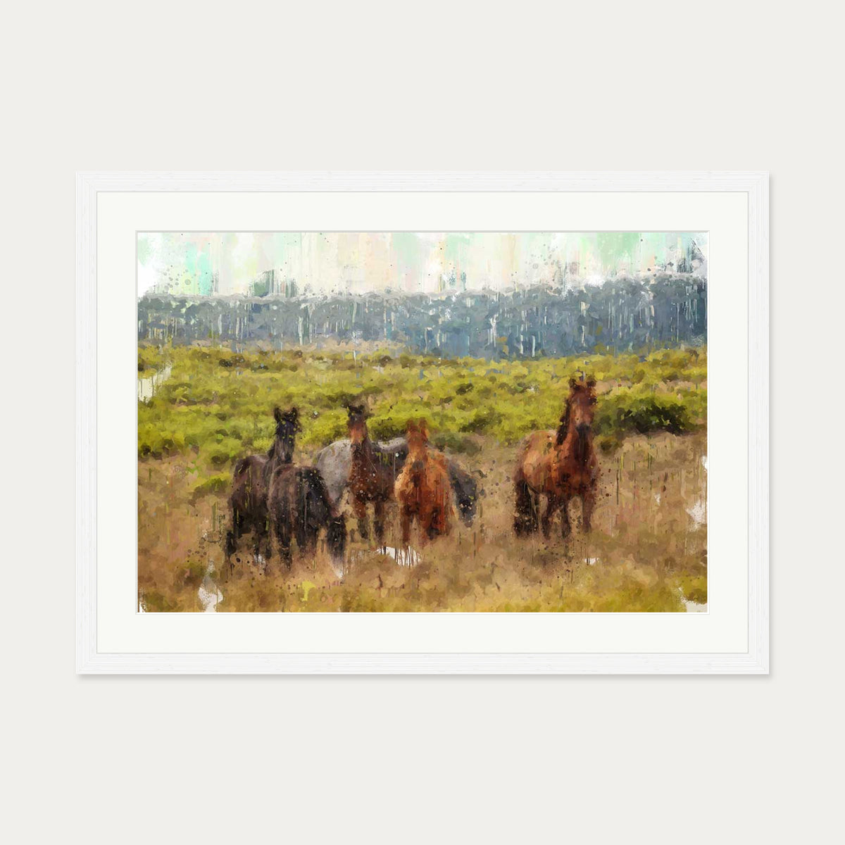 Impressionist Horses In A Field Art Print — 50 x 70 cm — White Frame