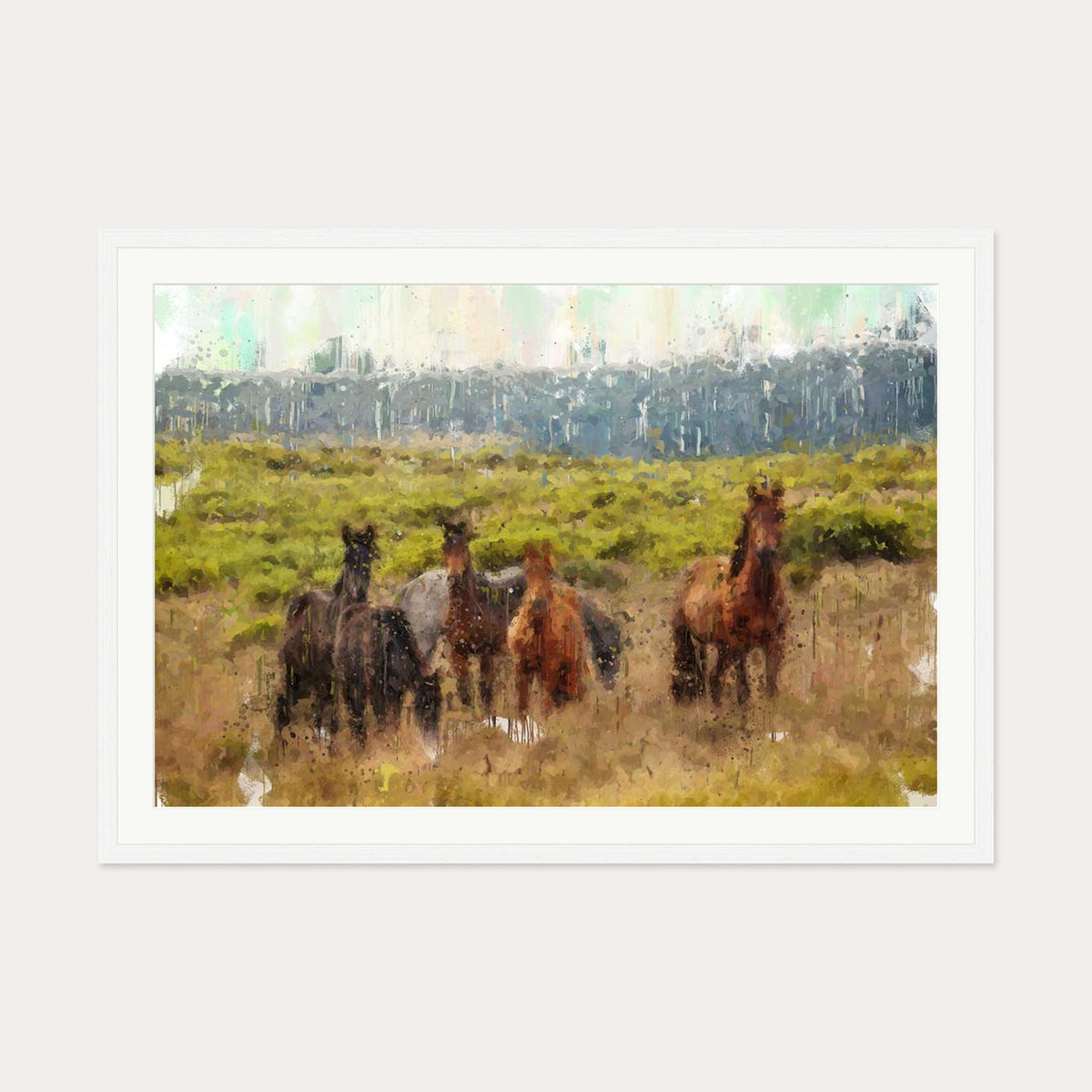 Impressionist Horses In A Field Art Print — 70 x 100 cm — White Frame