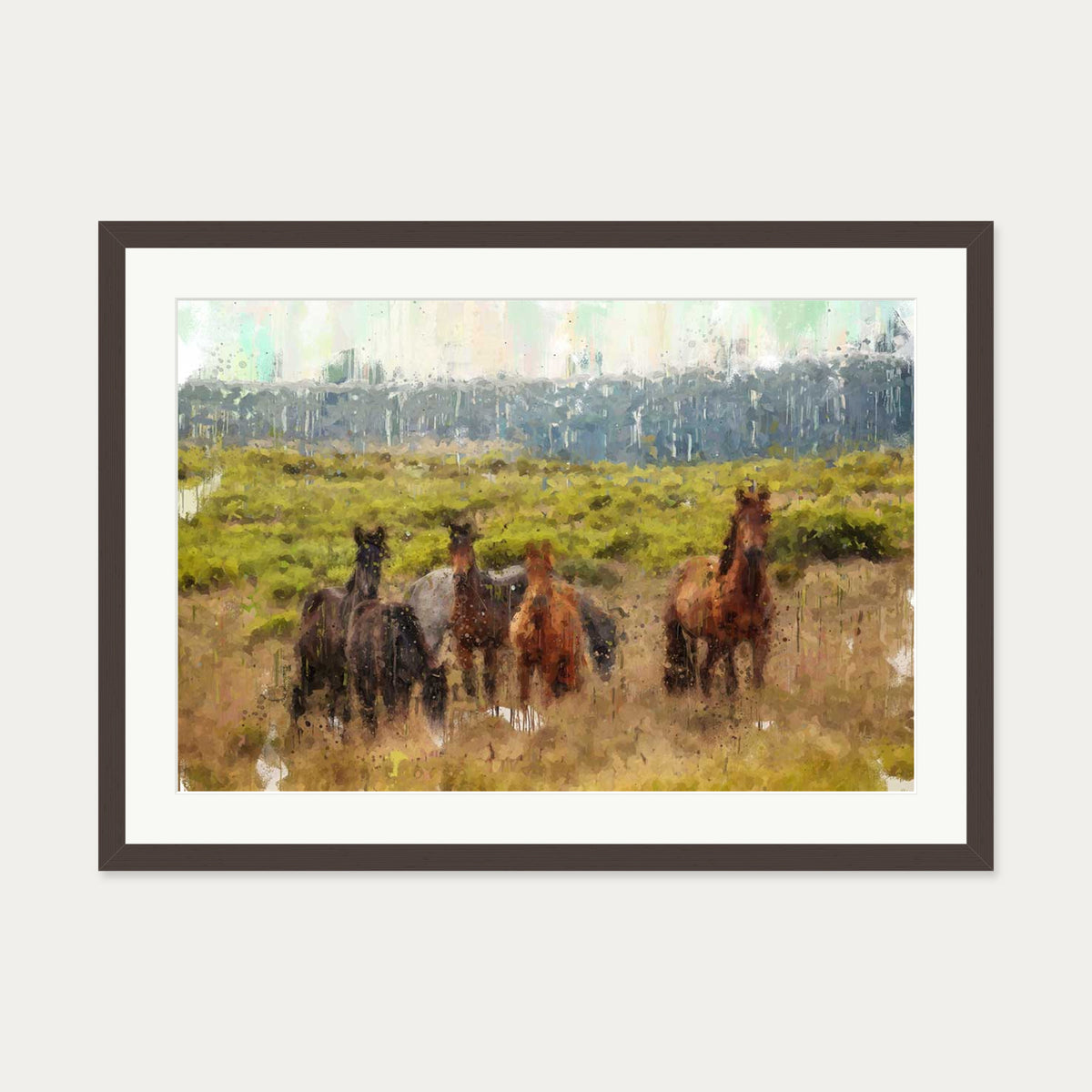 Impressionist Horses In A Field Art Print — 50 x 70 cm — Brown Frame