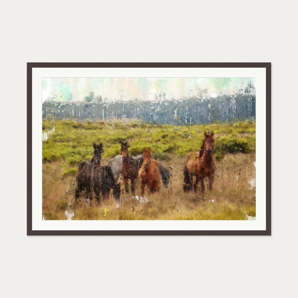 Impressionist Horses In A Field Art Print — 70 x 100 cm — Brown Frame