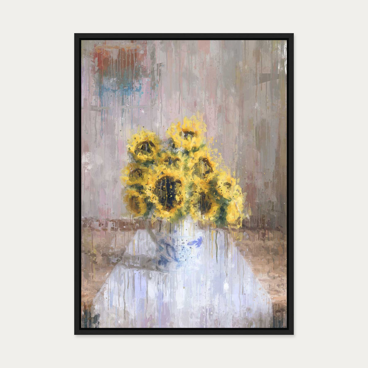 Sunflowers In A Vase Still Life Canvas Art — 50 x 70 cm — Black Frame