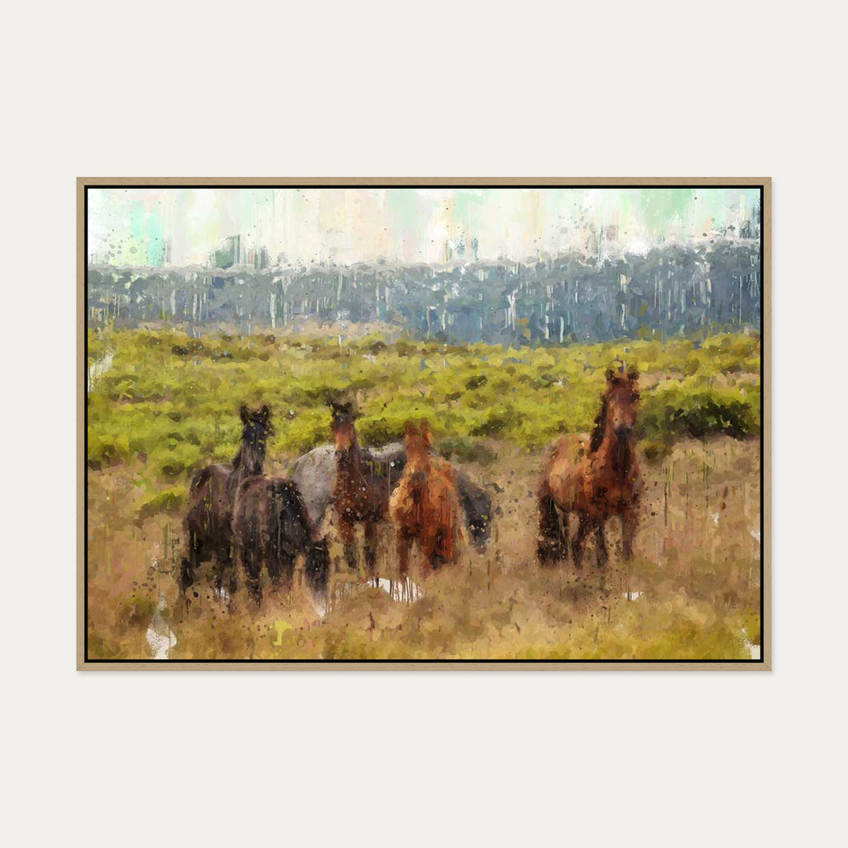 Horses In A Field Impressionist Canvas Art — 70 x 100 cm — Oak Frame