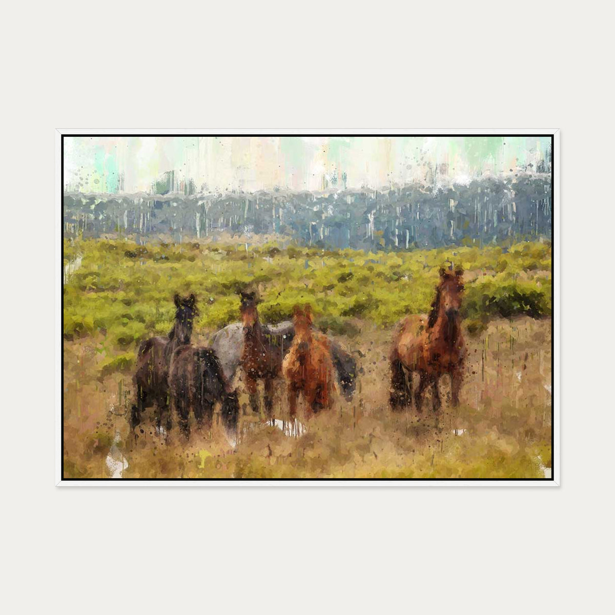Horses In A Field Impressionist Canvas Art — 70 x 100 cm — White Frame