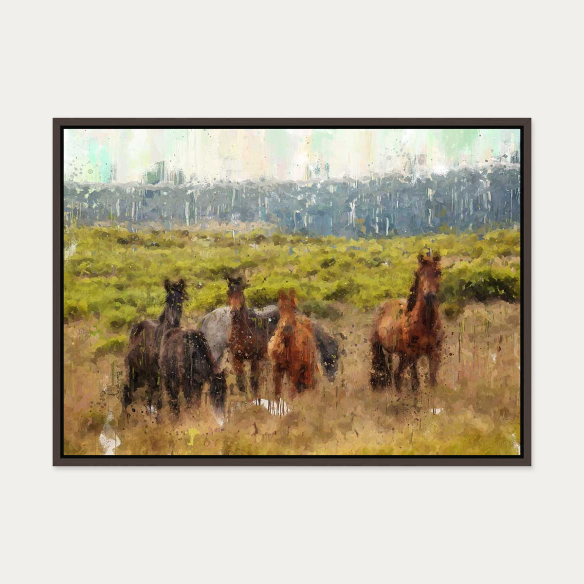 Horses In A Field Impressionist Canvas Art — 50 x 70 cm — Brown Frame