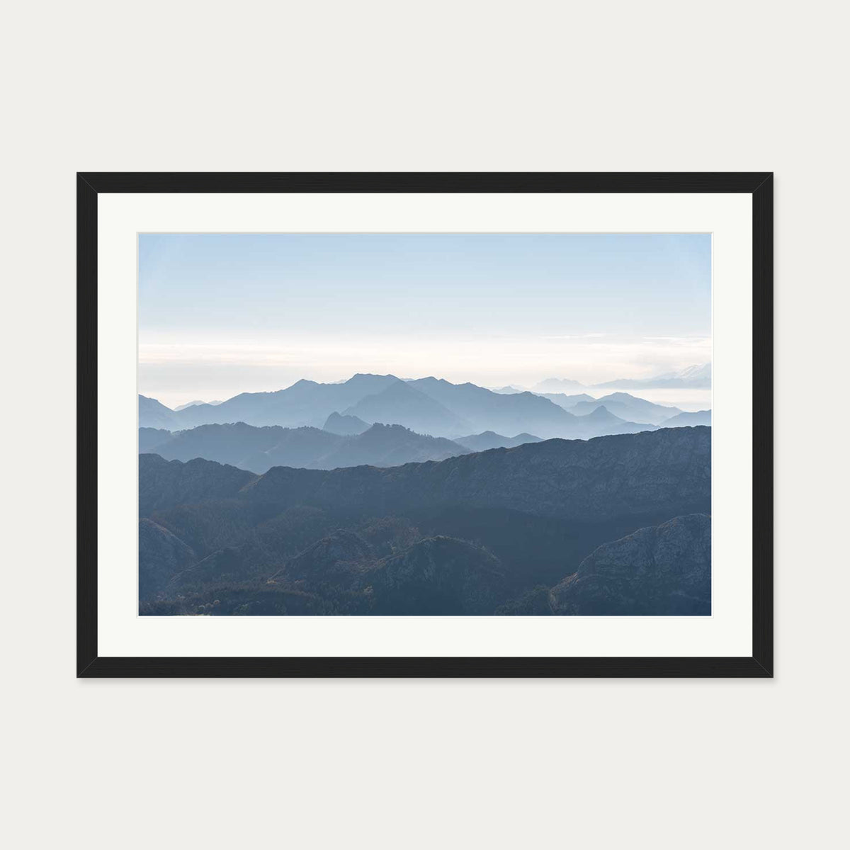Mountain Range Blue Art Print — 50 x 70 cm — Black Frame
