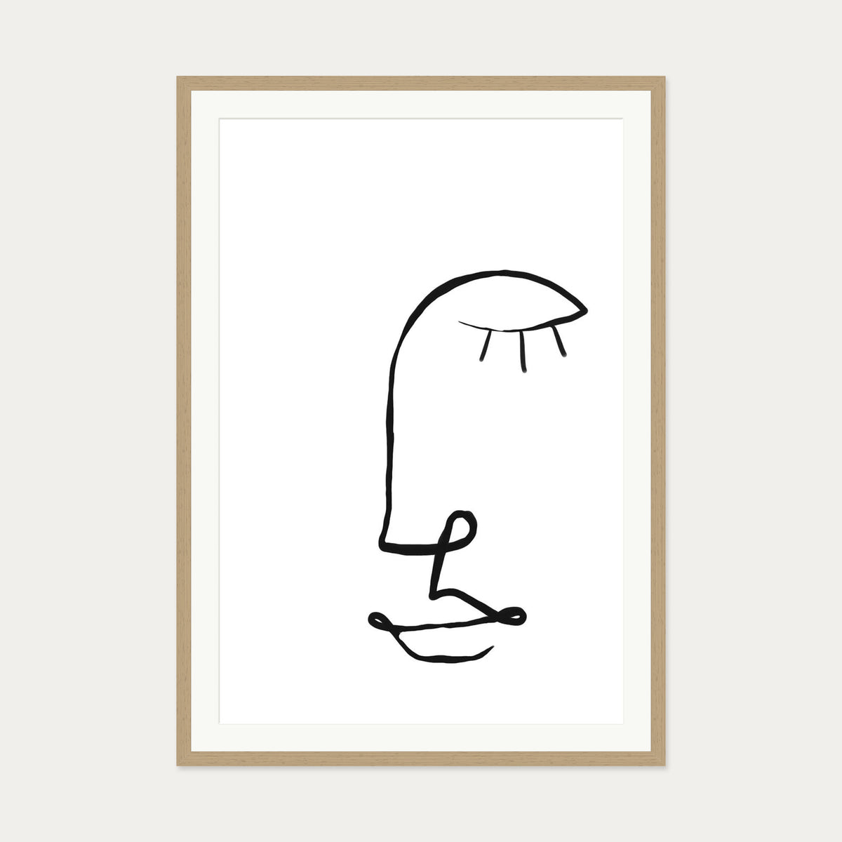 Face Line Drawing Art Print — 70 x 100 cm — Oak Frame