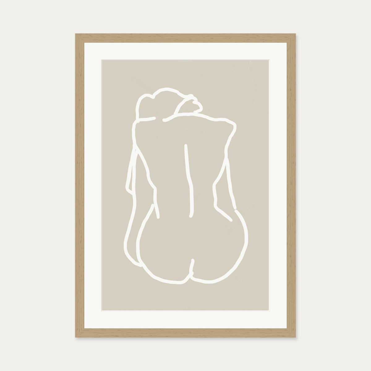 Nude Back Hand-Drawn Art Print — 50 x 70 cm — Oak Frame