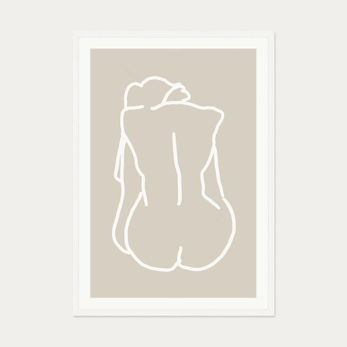 Nude Back Hand-Drawn Art Print — 70 x 100 cm — White Frame
