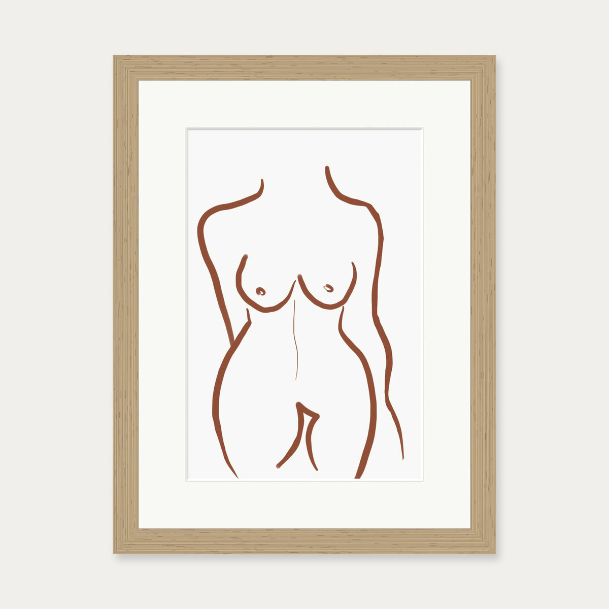 Female Nude Illustration Line Art Print — 30 x 40 cm — Oak Frame