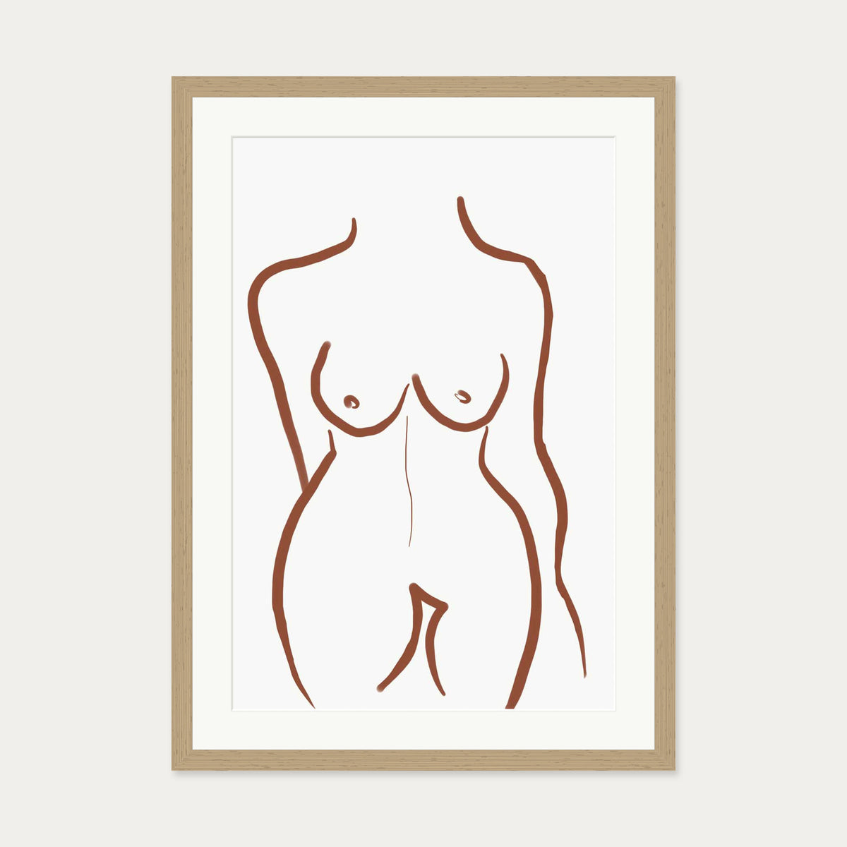 Female Nude Illustration Line Art Print — 50 x 70 cm — Oak Frame