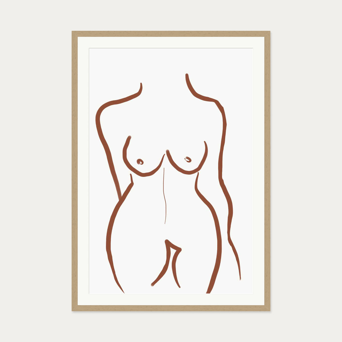 Female Nude Illustration Line Art Print — 70 x 100 cm — Oak Frame