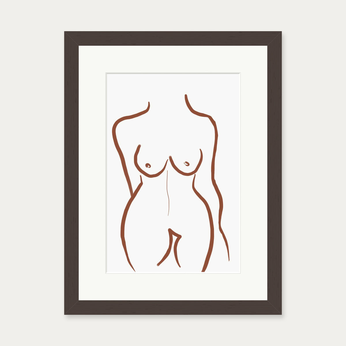 Female Nude Illustration Line Art Print — 30 x 40 cm — Brown Frame