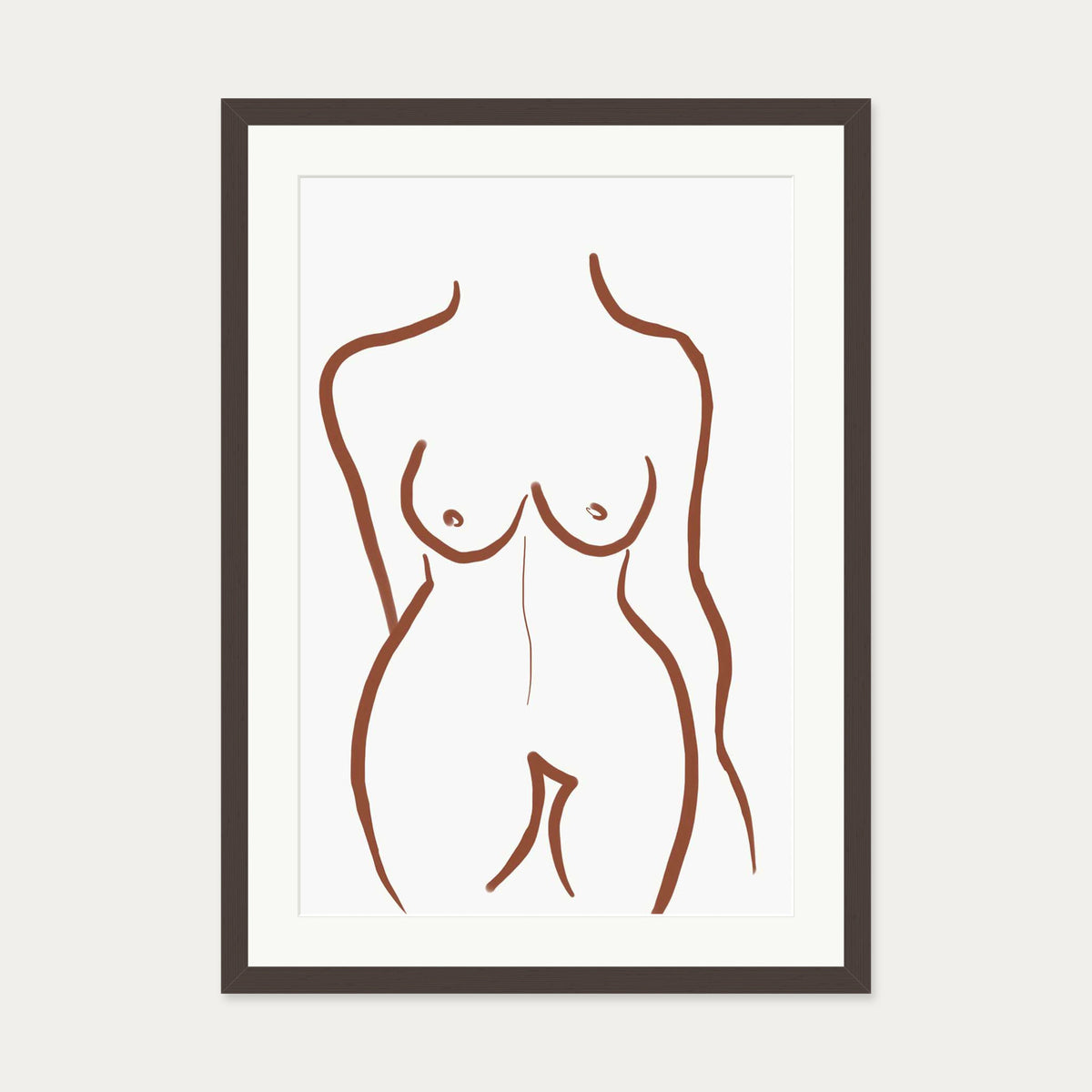 Female Nude Illustration Line Art Print — 50 x 70 cm — Brown Frame